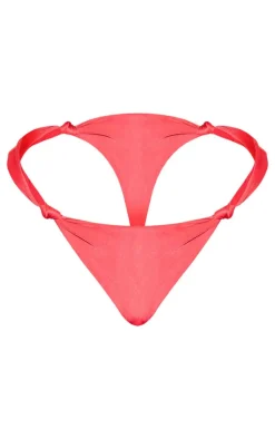 Red Ruched Knot Detail High Leg Bikini Bottoms
