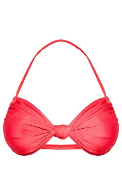 Red Ruched Knot Front Bikini Top