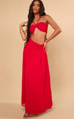 Red Ruched Waist Maxi Skirt