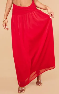 Red Ruched Waist Maxi Skirt