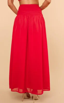 Red Ruched Waist Maxi Skirt