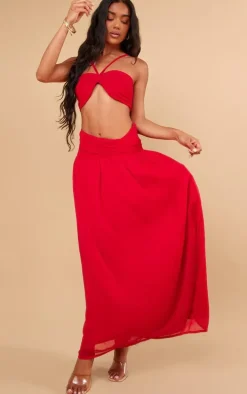 Red Ruched Waist Maxi Skirt