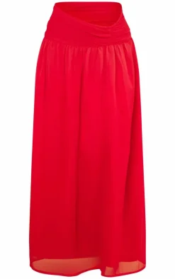 Red Ruched Waist Maxi Skirt