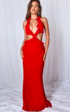 Red Ruffle Cut Out Detail Plunge Maxi Dress