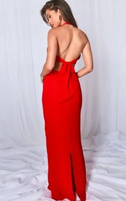 Red Ruffle Cut Out Detail Plunge Maxi Dress