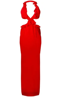 Red Ruffle Cut Out Detail Plunge Maxi Dress