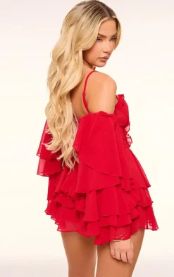 Red Ruffle Detail Chiffon Frilly Skort Romper