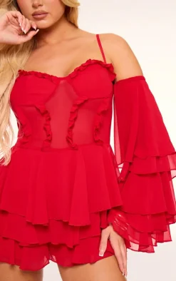 Red Ruffle Detail Chiffon Frilly Skort Romper