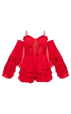 Red Ruffle Detail Chiffon Frilly Skort Romper