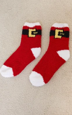 Red Santa Belt Fluffy Sleep Socks