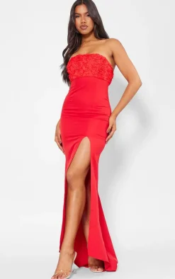 Red Satin Bandeau Rose Detail Split Leg Maxi Dress
