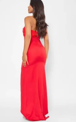 Red Satin Bandeau Rose Detail Split Leg Maxi Dress