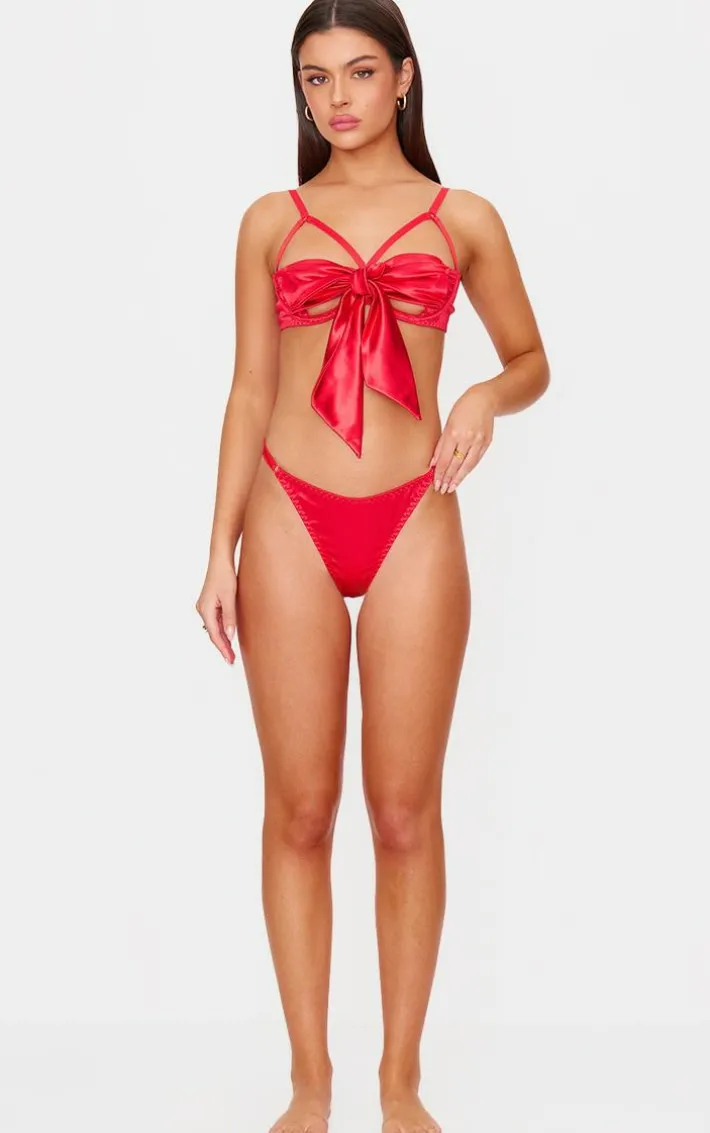 Red Satin Bow Tie Underwired Lingerie Set