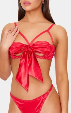 Red Satin Bow Tie Underwired Lingerie Set