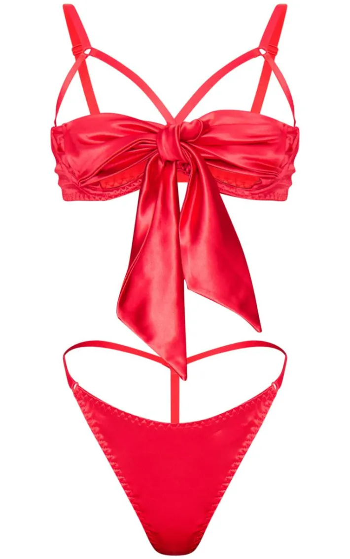 Red Satin Bow Tie Underwired Lingerie Set