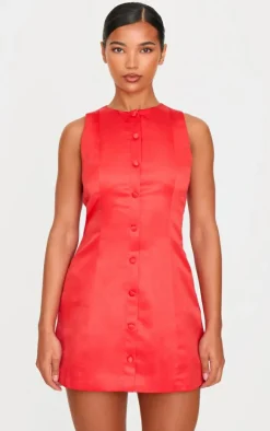 Red Satin Button A-line Dress
