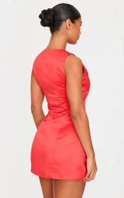 Red Satin Button A-line Dress