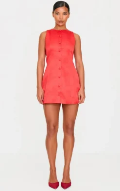 Red Satin Button A-line Dress