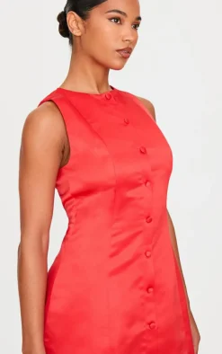 Red Satin Button A-line Dress