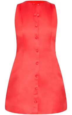 Red Satin Button A-line Dress