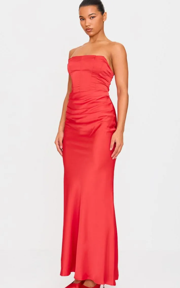 Red Satin Corset Detail Draped Maxi Dress