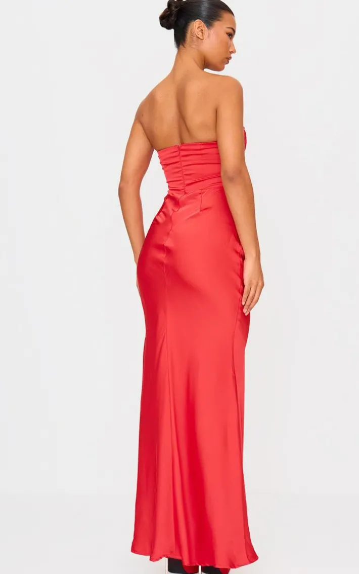 Red Satin Corset Detail Draped Maxi Dress