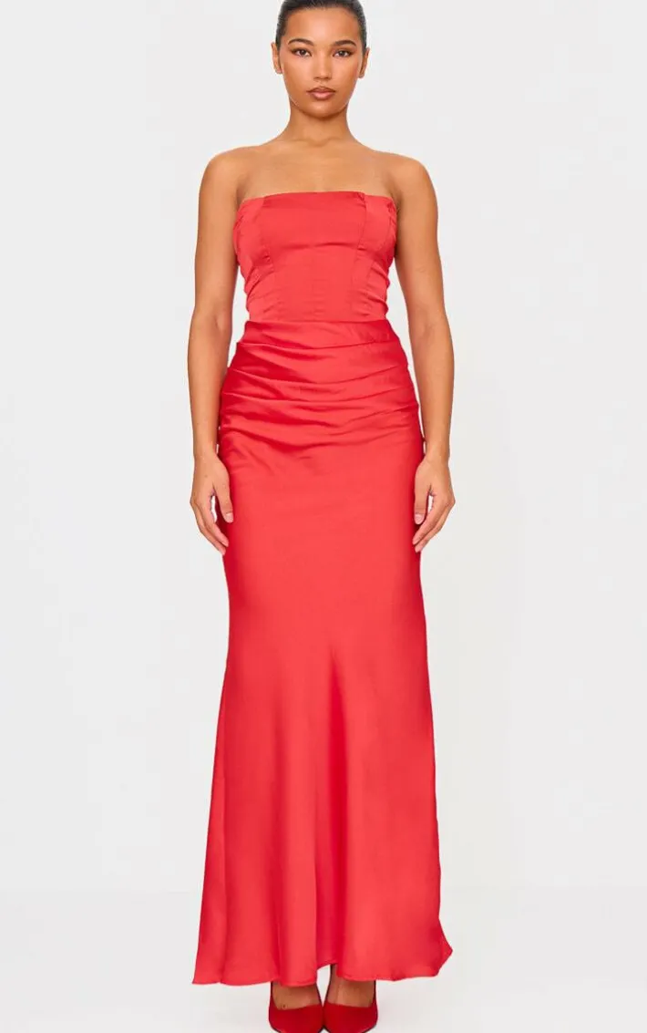 Red Satin Corset Detail Draped Maxi Dress