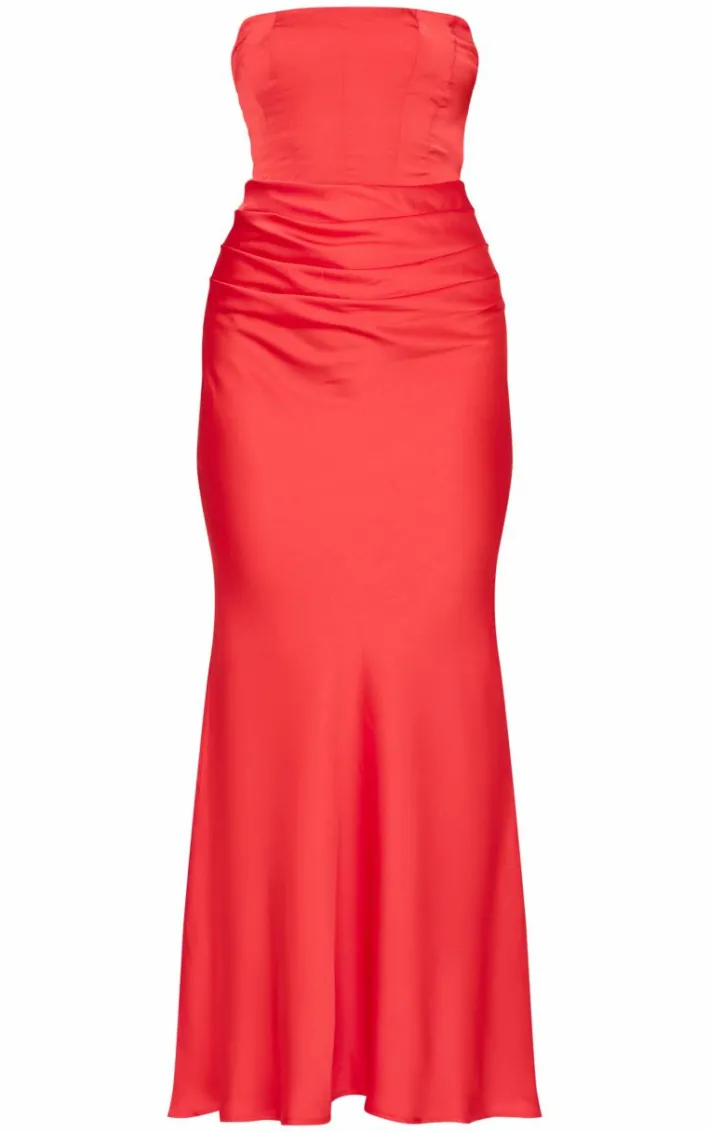 Red Satin Corset Detail Draped Maxi Dress