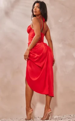 Red Satin Corset Layer Detail Ruched Midi Dress