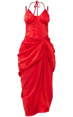 Red Satin Corset Layer Detail Ruched Midi Dress
