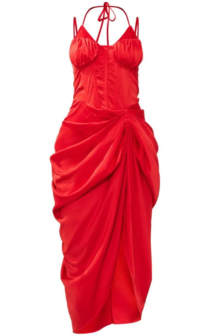 Red Satin Corset Layer Detail Ruched Midi Dress