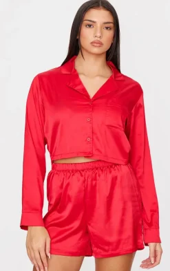 Red Satin Cropped Short Pj Set