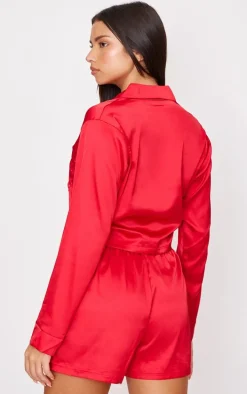 Red Satin Cropped Short Pj Set