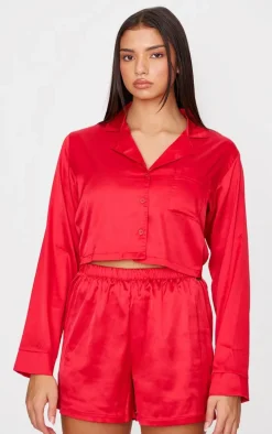 Red Satin Cropped Short Pj Set