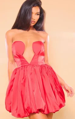 Red Satin Cut Out Detail Puffball Mini Dress