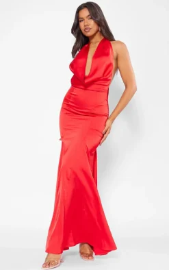 Red Satin Extreme Cowl Neck Maxi Dress