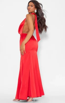 Red Satin Extreme Cowl Neck Maxi Dress