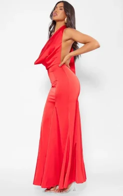 Red Satin Extreme Cowl Neck Maxi Dress