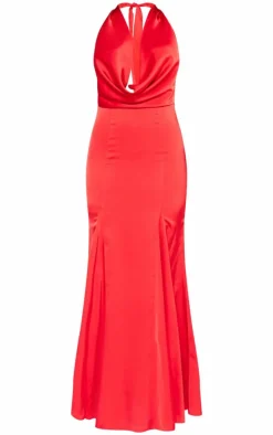 Red Satin Extreme Cowl Neck Maxi Dress