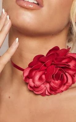 Red Satin Flower Tie Ribbon Choker