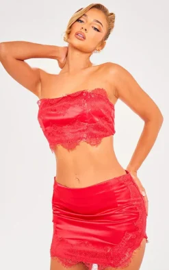 Red Satin Lace Trim Detail Low Rise Micro Mini Skirt