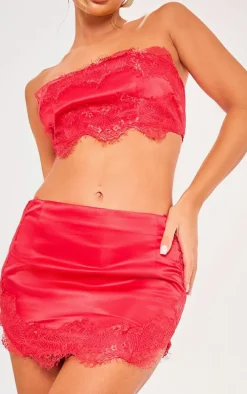 Red Satin Lace Trim Detail Low Rise Micro Mini Skirt
