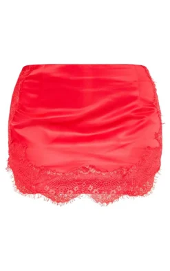 Red Satin Lace Trim Detail Low Rise Micro Mini Skirt