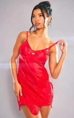 Red Satin Lace Trim Underwire Mini Shift Dress