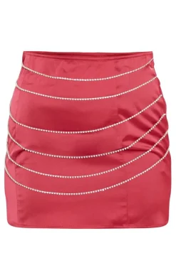 Red Satin Mini Skirt With Diamante Trims