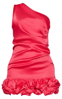 Red Satin One Shoulder Frill Hem Bodycon Dress
