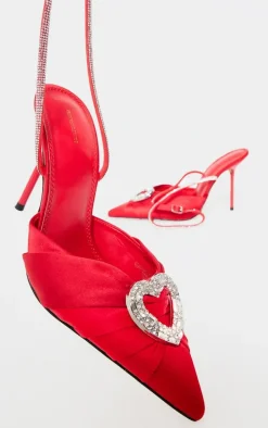 Red Satin Point Toe Diamante Heart Court Heels