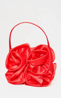Red Satin Rose Detail Handbag