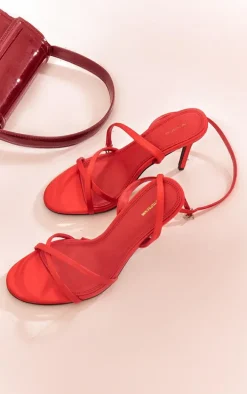 Red Satin Round Toe Cross Over Strap Barely There Heeled Sandals