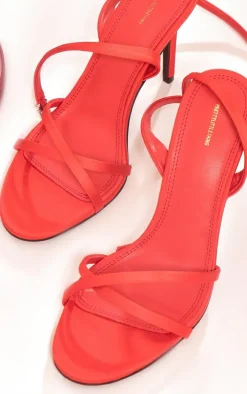 Red Satin Round Toe Cross Over Strap Barely There Heeled Sandals
